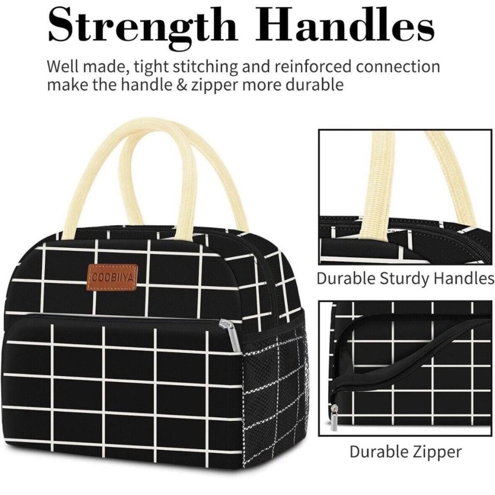 Coobiiya Insulated Lunch Bag/Lunch Box Black & White Plaid